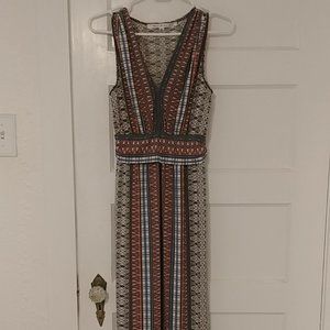 Boho maxi dress, size S: pink, gray, blue